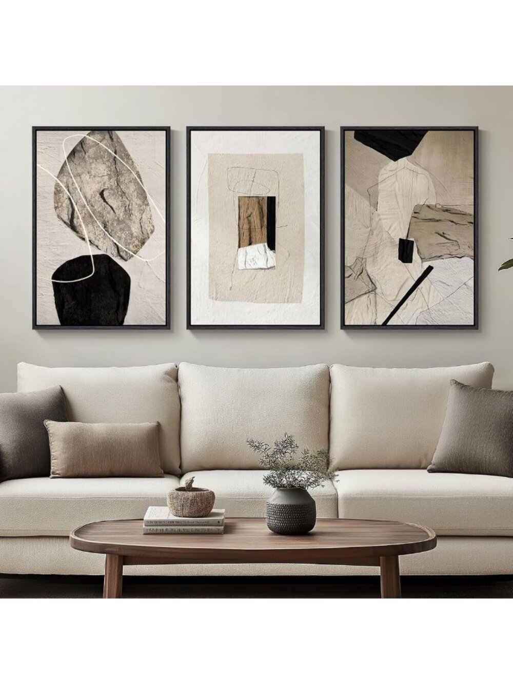 Set of 3 Framed Modern Minimalist Neutral Abstract Wall Art Prints, 16x24 In